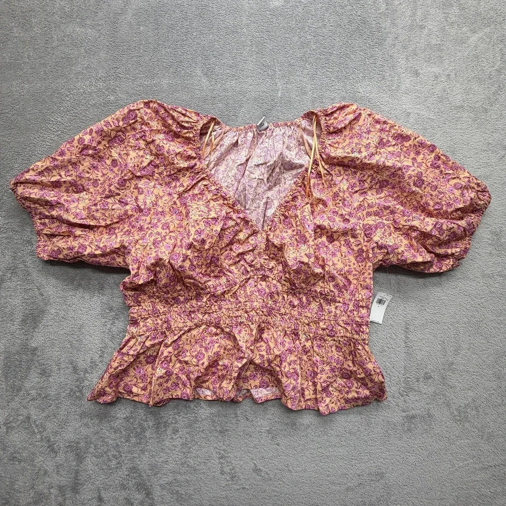 Old Navy Blouse Womens XL Orange Cropped Off Shoulder Puff Sleeve Ruffle